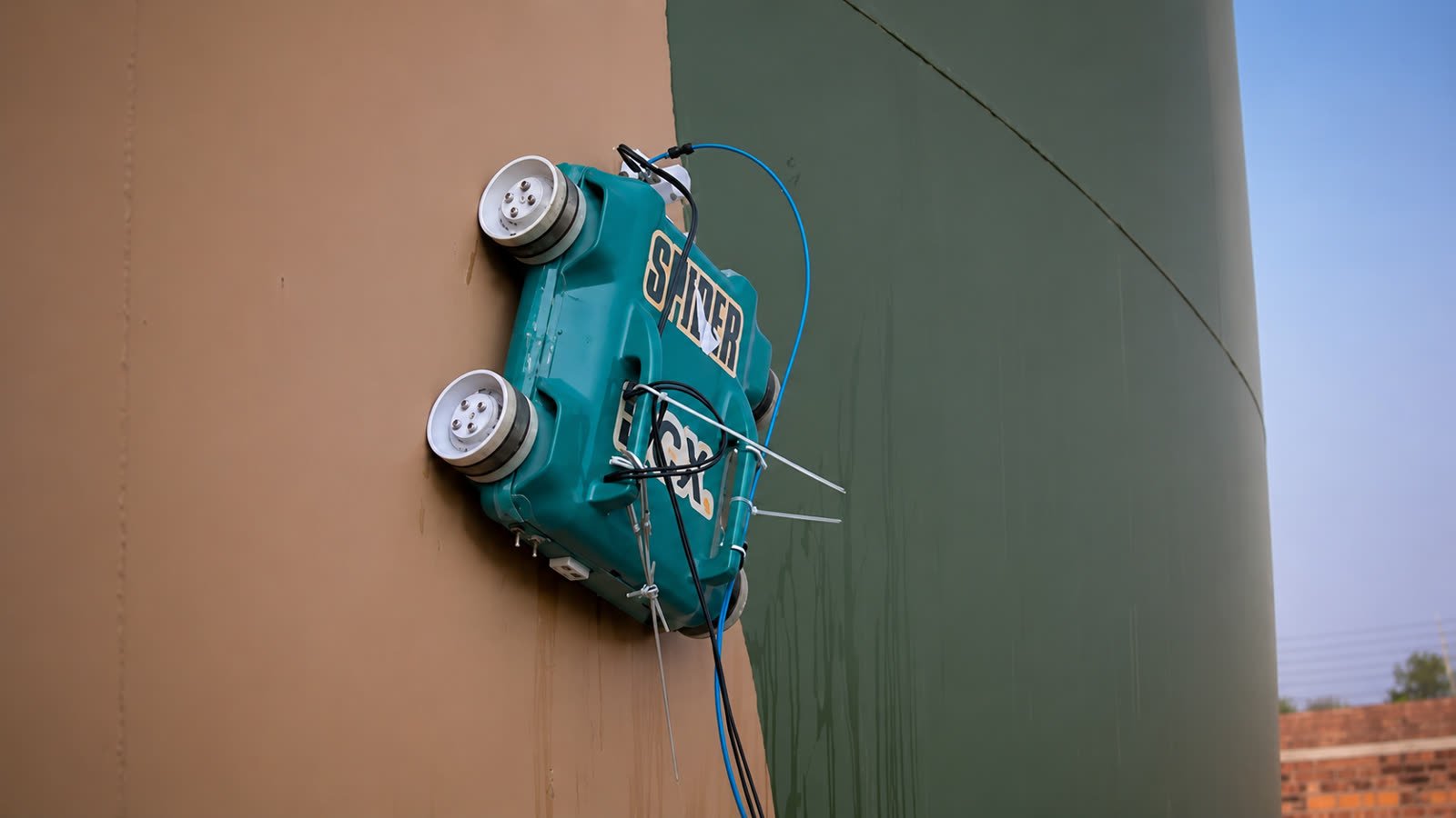 Spider crawling a storage tank wall in the field